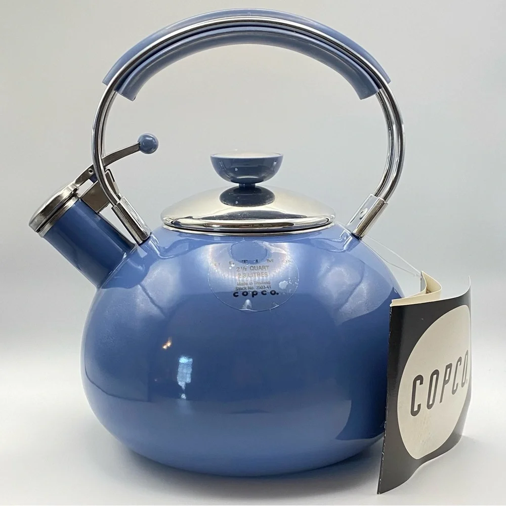 Vintage NEW Copco Ultimo Sam Lebowitz Whistling Tea Kettle Blue Enamel on Steel